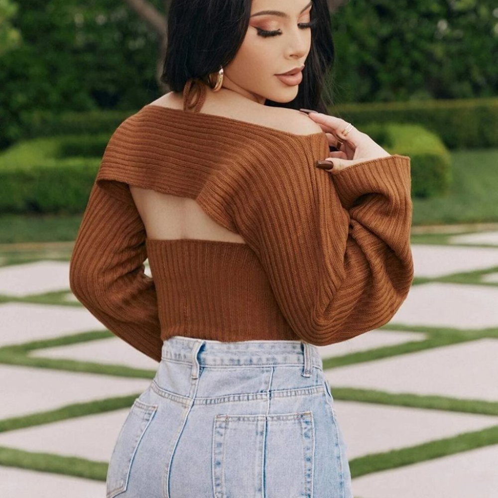 Crop Halter Knit Top with Shrug Sweater coord set- brown - Picture 5 of 5